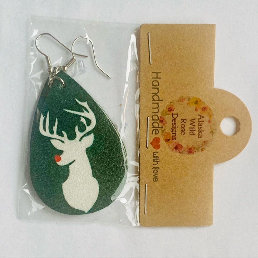 Reindeer Teardrop Faux Leather Fishhook Earrings. Hand made. NWT. CHRISTMAS.